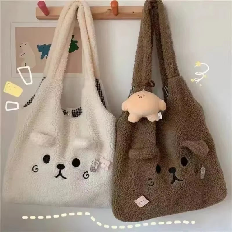 New Winter Soft Plush Tote Bag Women Cartoon Embroidery Imitation Lamb Hair Shoulder Bag for Women Shopper Bag Bolsa No Pendant